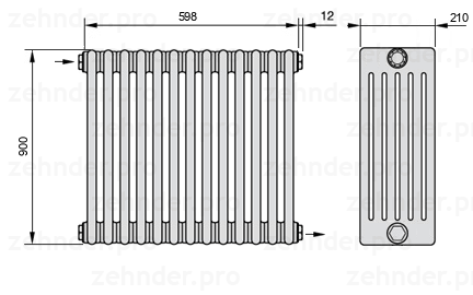 Схема (чертеж) Радиатор Zehnder Charleston 6090/13 №1670 Белый глянцевый RAL 9016